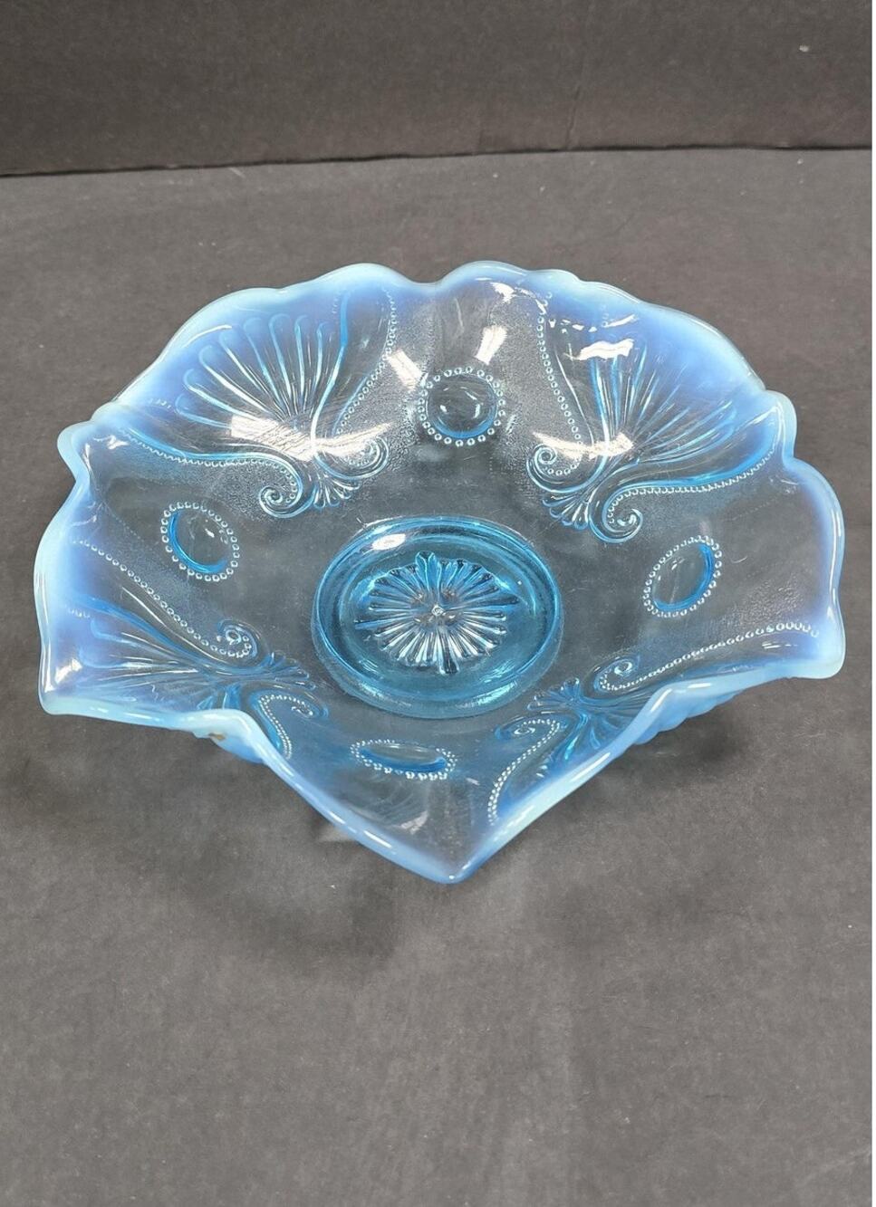 Vintage Blue Opalescent Pressed Glass Ruffled Bowl Scroll Fan Design Centerpiece
